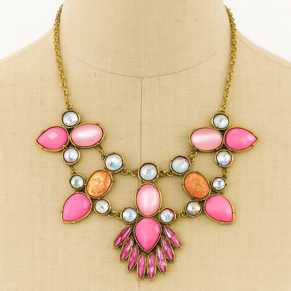 Women's Stunning Old Gold-tone & Pink Colorful Crystal Stones Statement Necklace